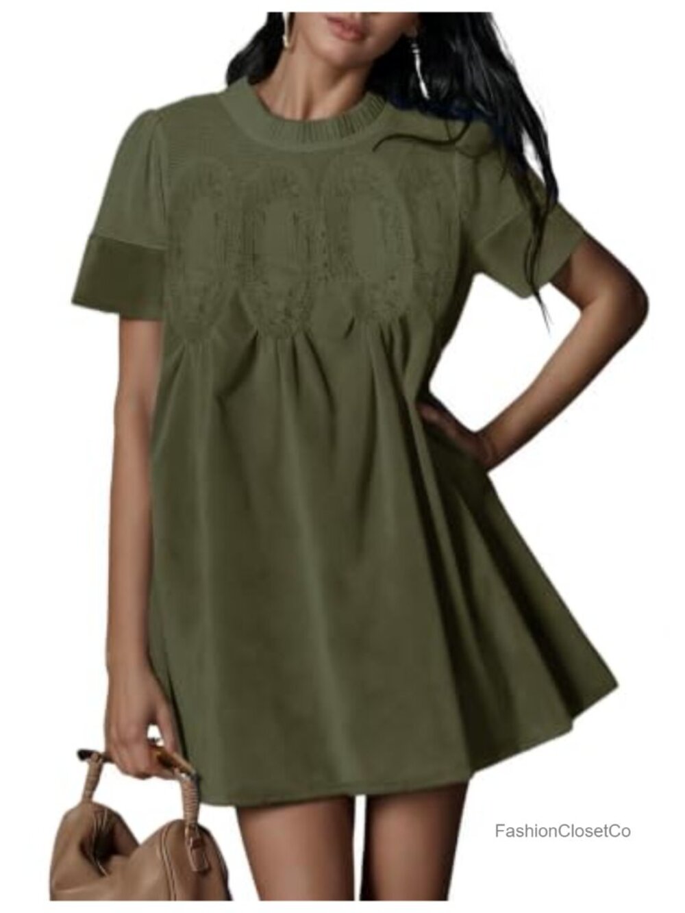 Faux Suede Mini Dress A-Line Babydoll with Pockets Short Sleeve